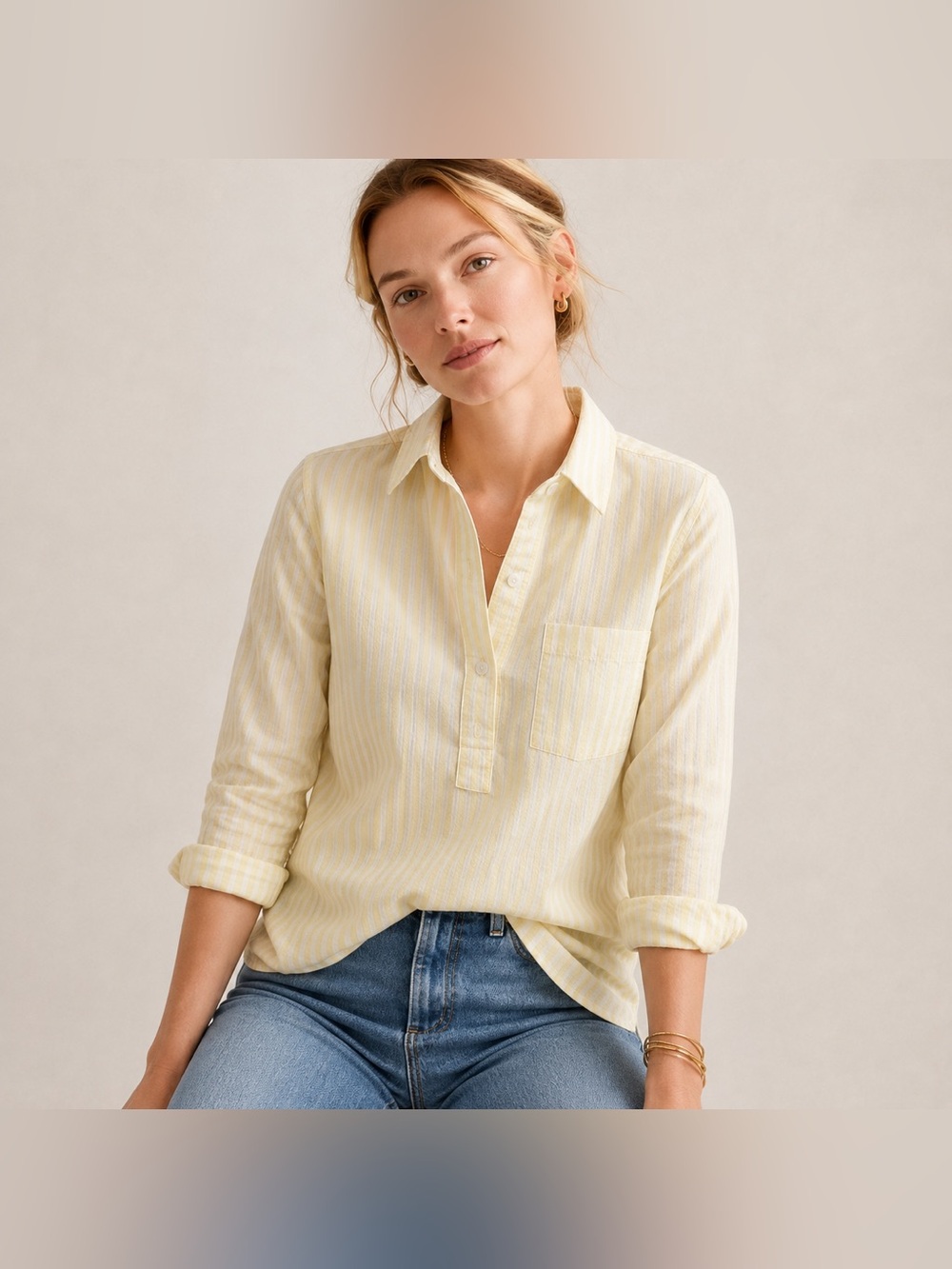 J. Crew Yellow and White Striped Casual Button-Down Shirt. 100% Cotton.